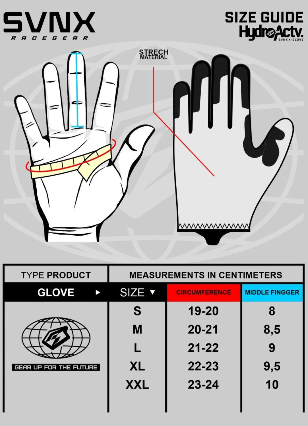 A size guide infographic for an SVNX Racegear HydroAct glove, showing hand diagrams with measurement markings and a size table listing measurements in centimeters for sizes S through XXL.