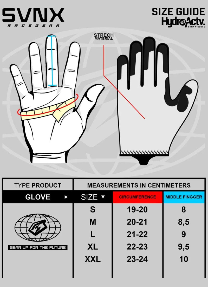 A size guide infographic for an SVNX Racegear HydroAct glove, showing hand diagrams with measurement markings and a size table listing measurements in centimeters for sizes S through XXL.